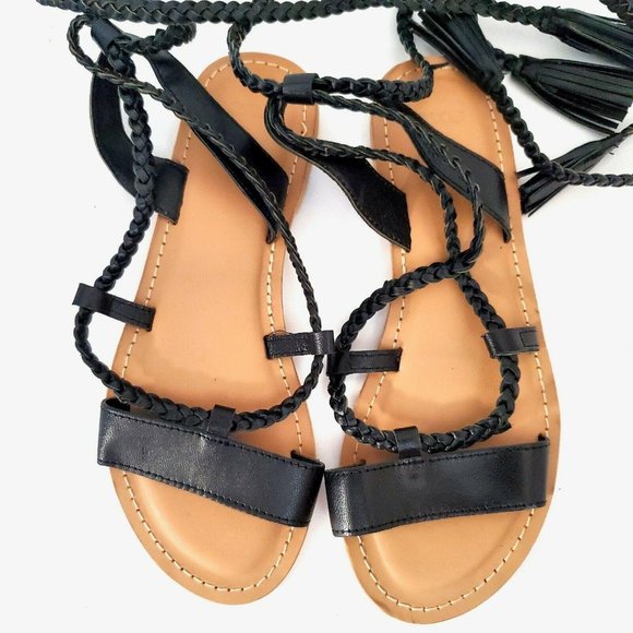 Asos Flat Black Braided Lace Up Sandals Size 6 Strappy Boho Bohemian Festival - Picture 6 of 12